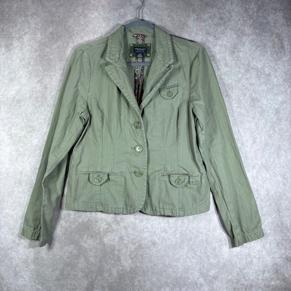 Vintage Y2K American Eagle Jacket Women Large Green Utility Blazer Cotton Floral